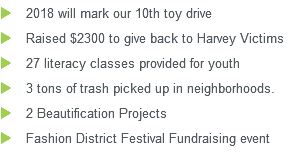 u 2018 will mark our 10th toy drive u Raised $2300 to give back to Harvey Victims u 27 literacy classes provided for youth u 3 tons of trash picked up in neighborhoods. u 2 Beautification Projects u Fashion District Festival Fundraising event 